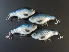 Lipless resin baits , foiled and outfitted with #4 Hyper wire Owner split rings  and #4 Owner hooks.