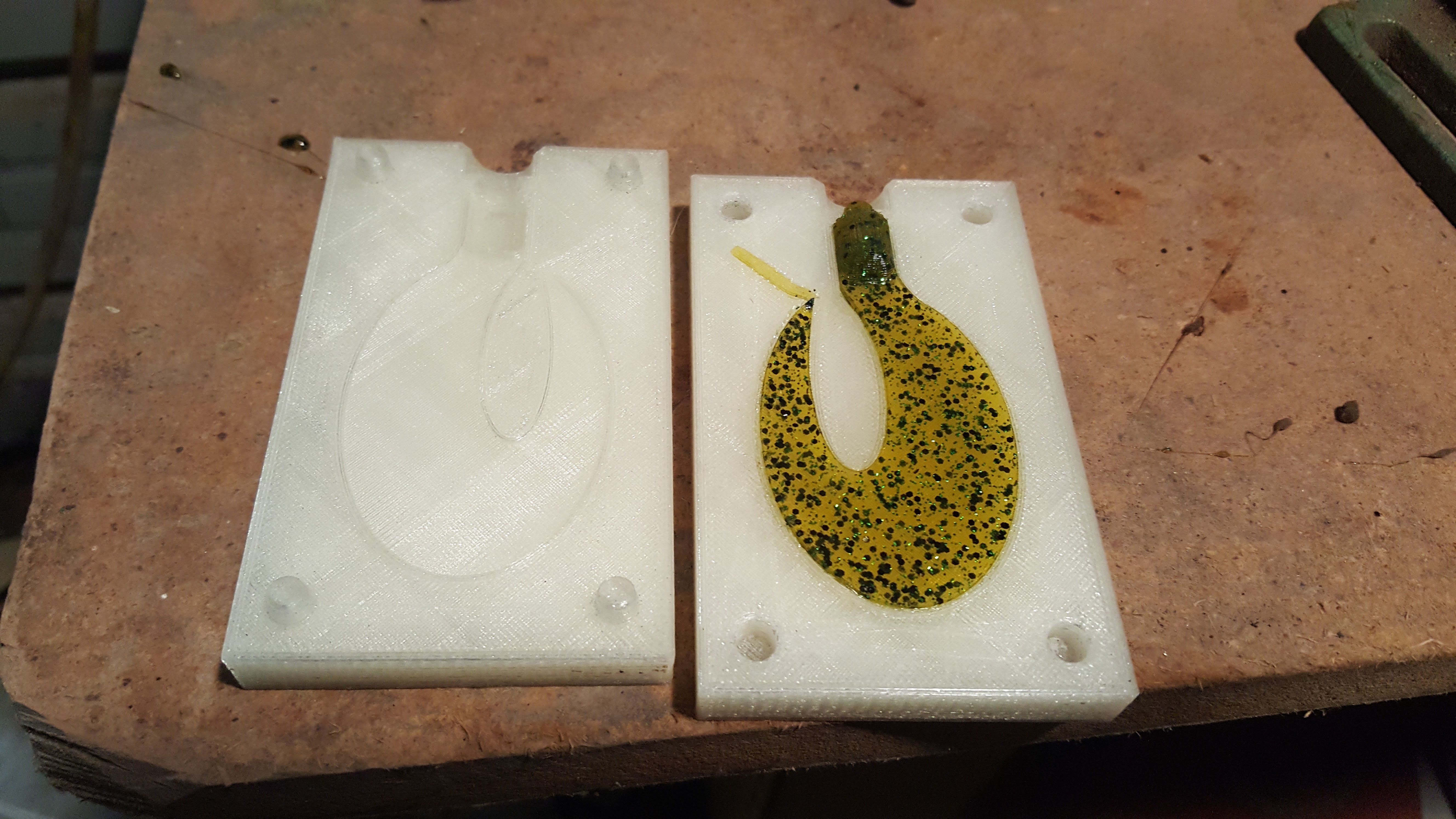 I printed an injection mold for soft plastic lures. They work. Best is 45